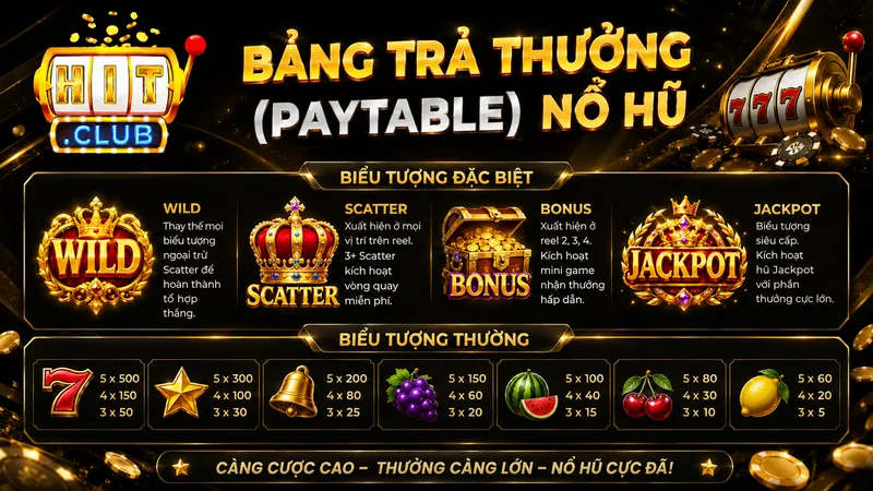 Bảng trả thưởng Paytable game Nổ Hũ HITCLUB