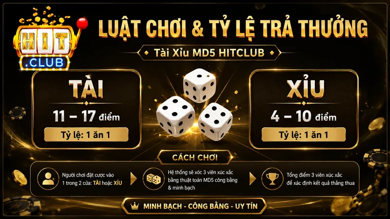 Luật chơi và tỷ lệ trả thưởng Tài Xỉu MD5 HITCLUB